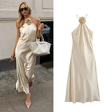 MUJER Flower Halter Backless Off Shoulder Satin Long Dress