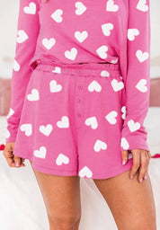 Heart Round Neck Long Sleeve Top and Elastic Waist Shorts Set