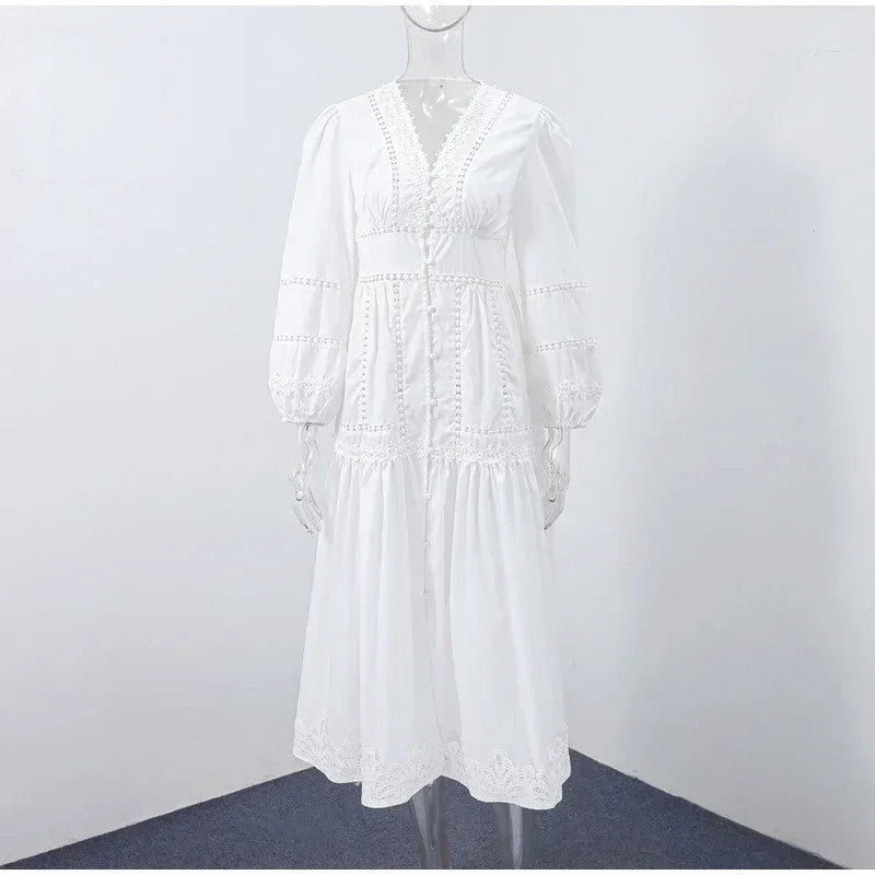 Lace Patchwork Hollow Out Long Lantern Sleeve Dress