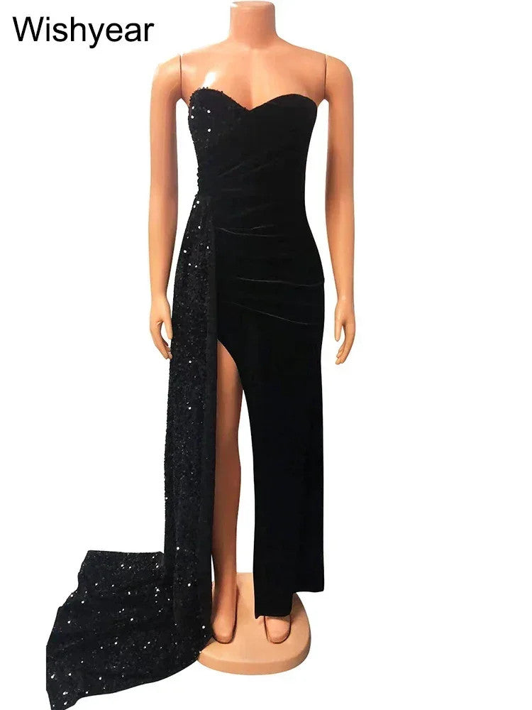 Wishyear Elegant Sparkly Bodycon Long Dress with Trail