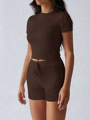 Round Neck Short Sleeve Top and Shorts Set