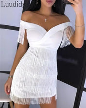 White Fringe Celebrity Runway Party Dress