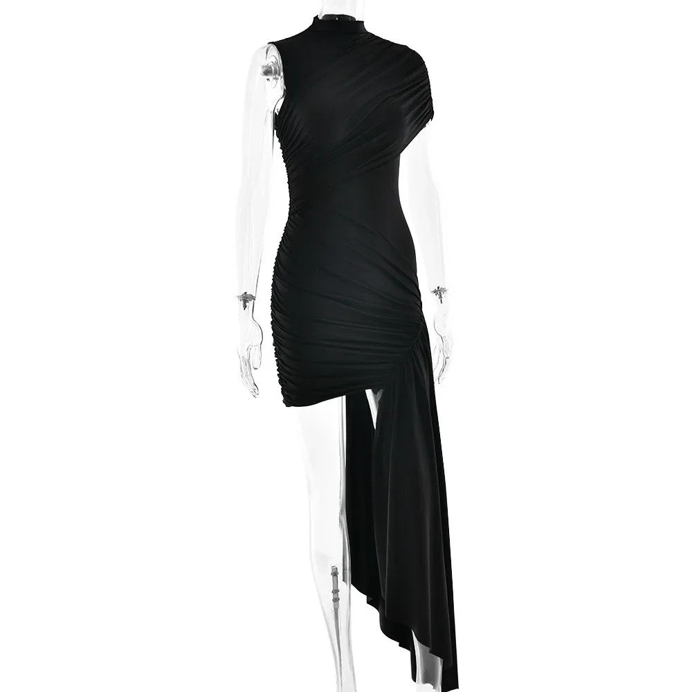 Irregular Pleated Mini Dress | Tassel Hem Streetwear Dress