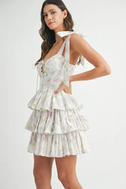 MABLE Floral Print Shoulder Tie Layered Mini Dress