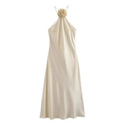 MUJER Flower Halter Backless Off Shoulder Satin Long Dress