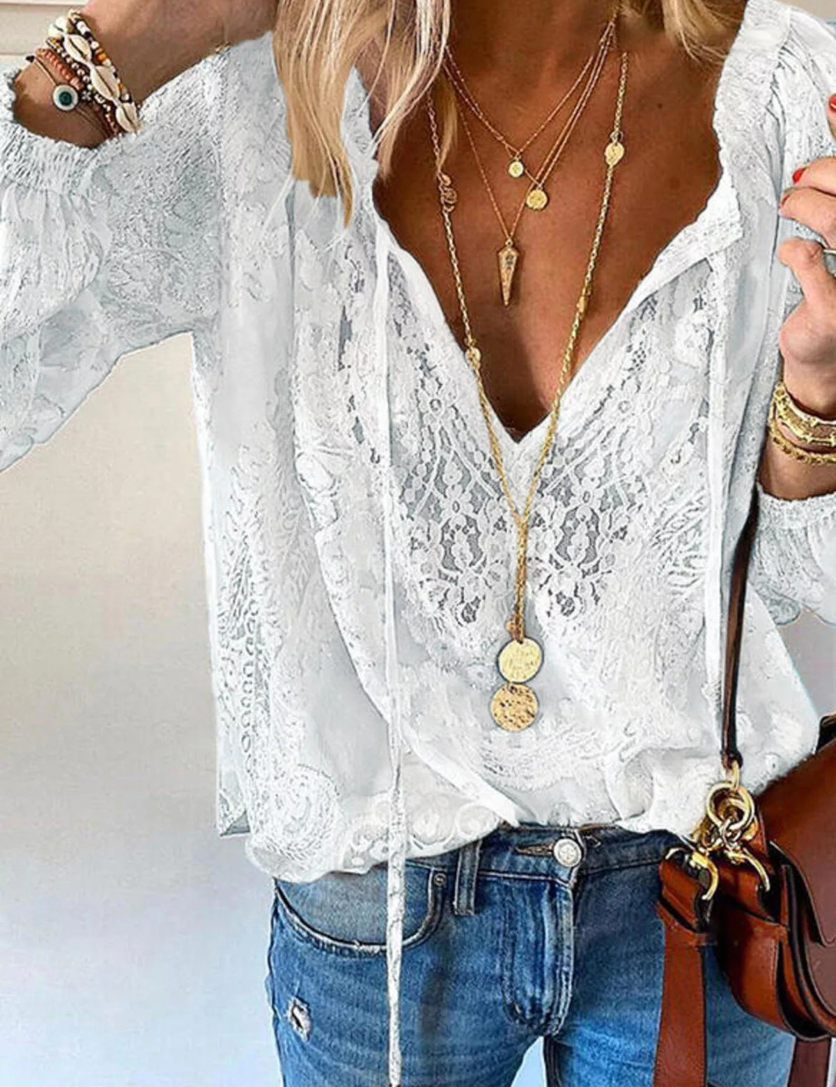 Lace Tie-Neck Blouse
