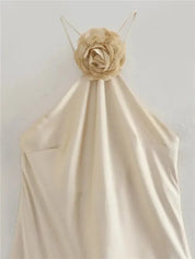 MUJER Flower Halter Backless Off Shoulder Satin Long Dress