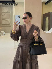 Lace Patchwork Hollow Out Long Lantern Sleeve Dress