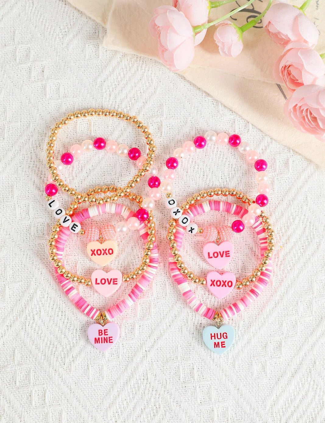 Valentine Heart Pendant Beaded Elastic Bracelet