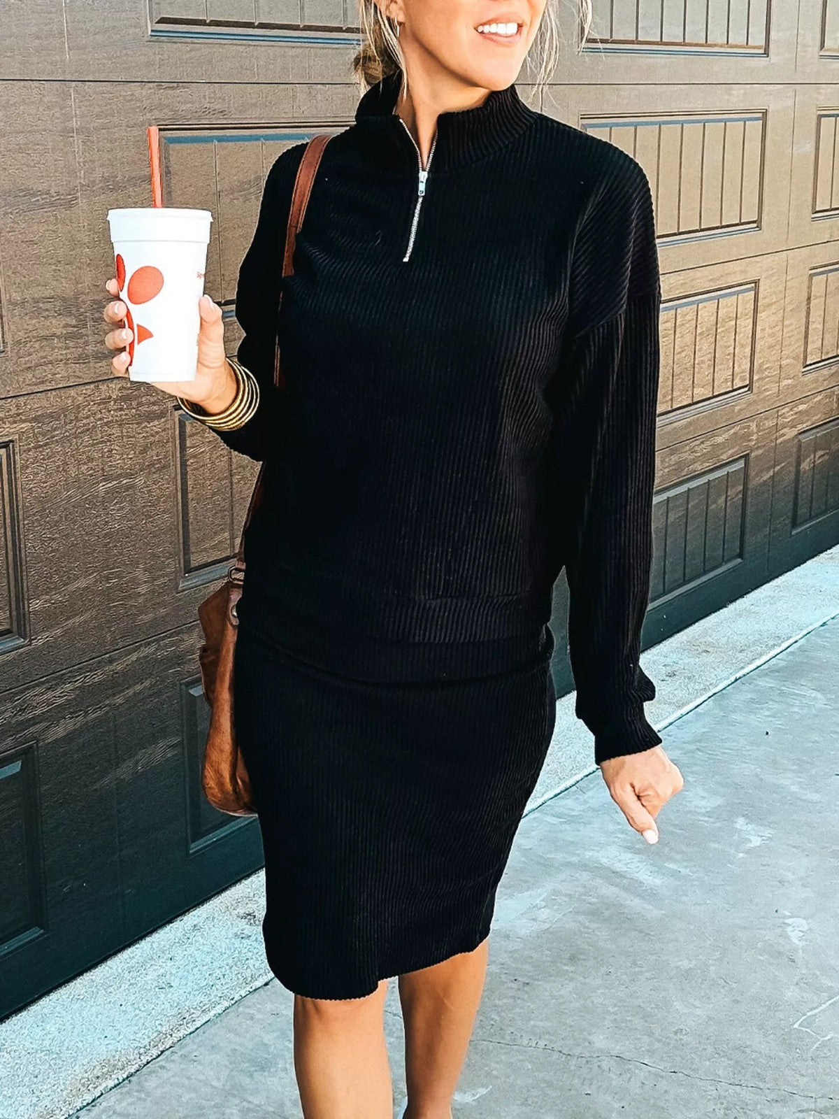 Ribbed Knit Quarter-Zip Top and Skirt Set