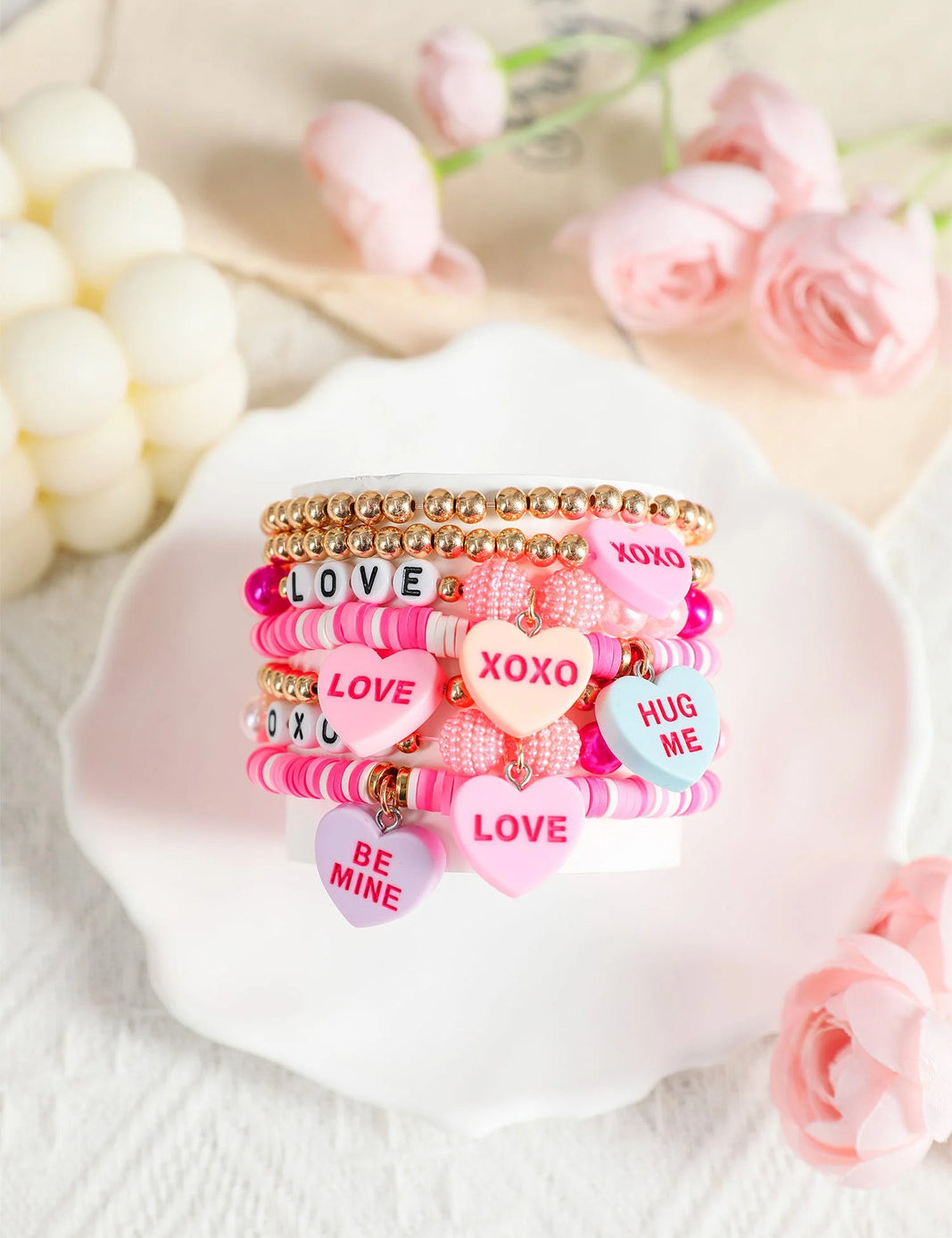 Valentine Heart Pendant Beaded Elastic Bracelet