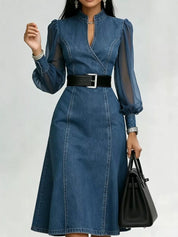 Denim Midi Dress with Sheer Sleeves