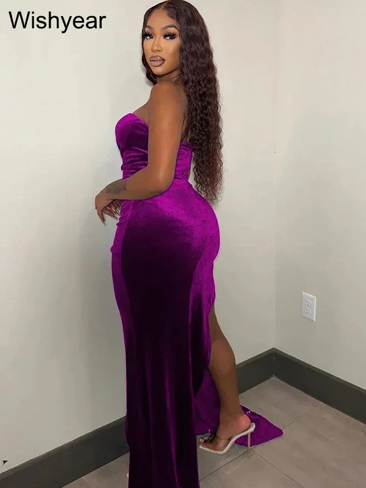 Wishyear Elegant Sparkly Bodycon Long Dress with Trail