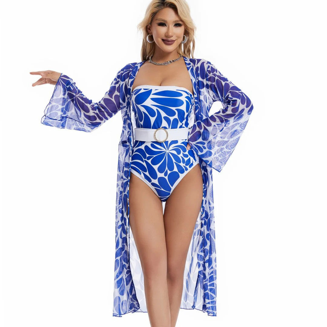 One Piece Sunscreen Swimwear Digital Printed Mesh Blouse Tube Top Swimsuit Women