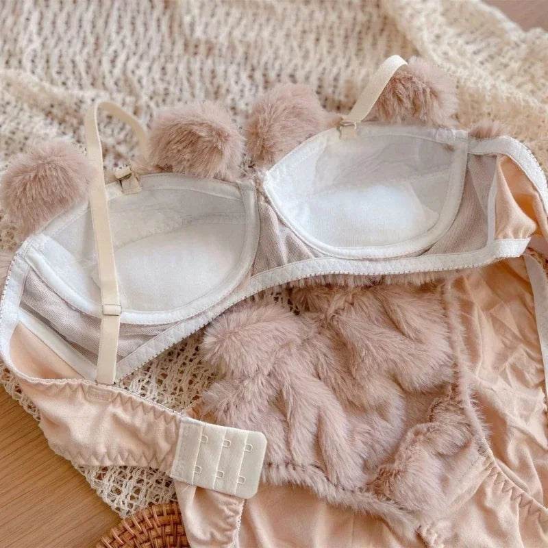 2Pcs Furry Bra and Panty Set – Fuzzy Bear Pattern