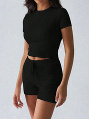 Round Neck Short Sleeve Top and Shorts Set