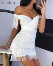 White Fringe Celebrity Runway Party Dress
