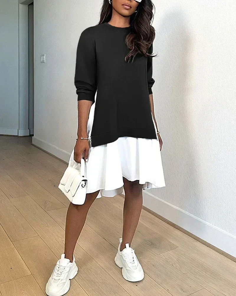 O-Neck Long Sleeve Loose Mini Dress