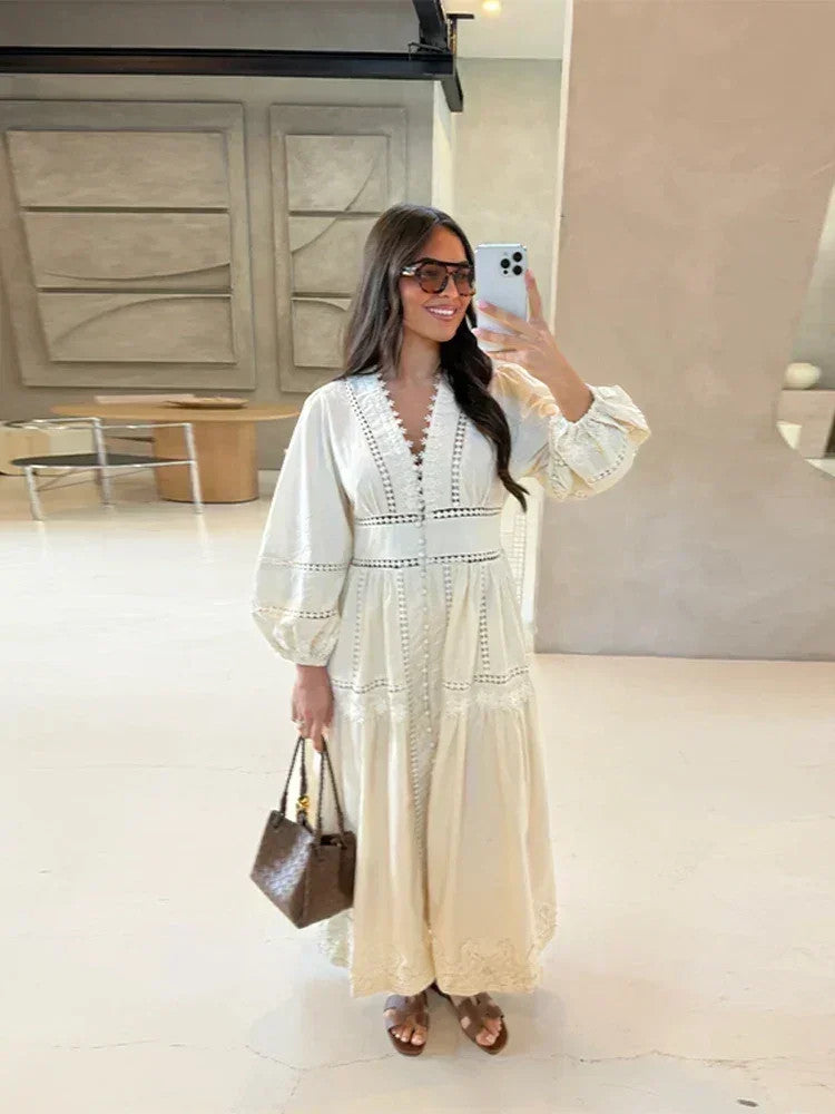 Lace Patchwork Hollow Out Long Lantern Sleeve Dress