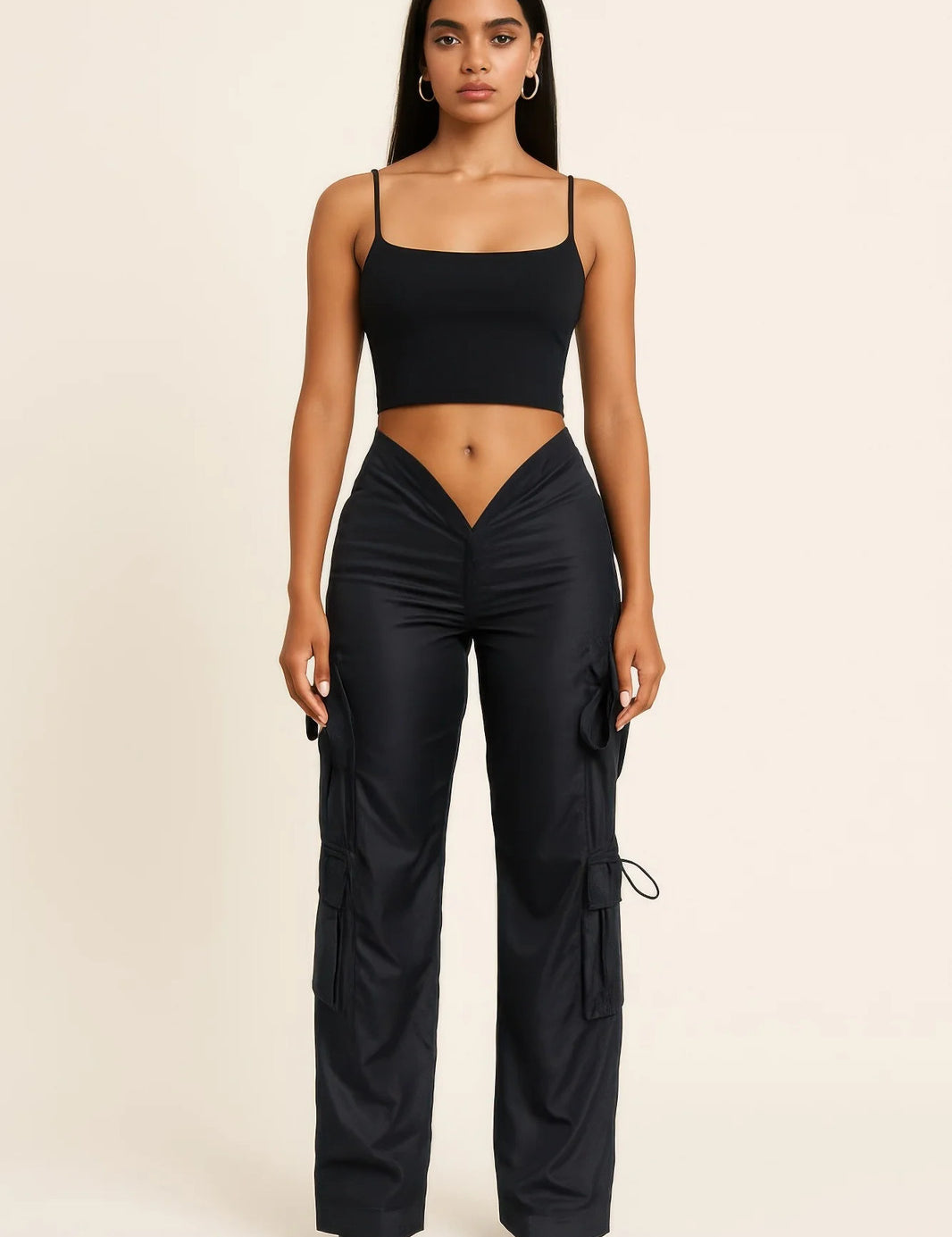 V Cut Cargo Pants Black