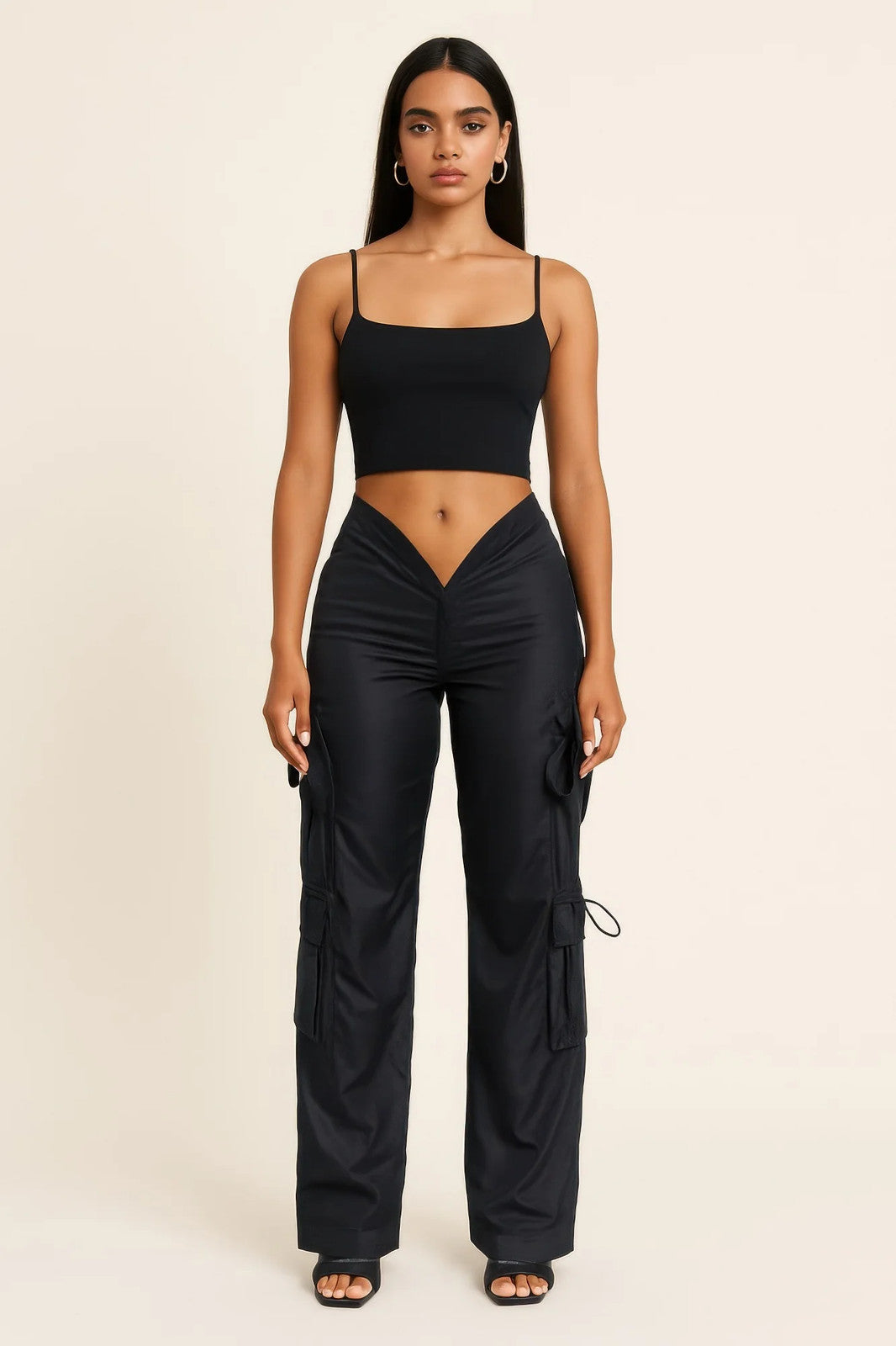 V Cut Cargo Pants Black