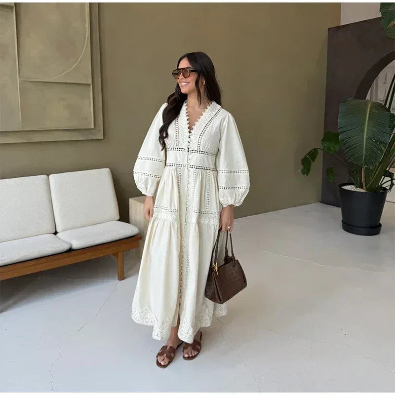 Lace Patchwork Hollow Out Long Lantern Sleeve Dress