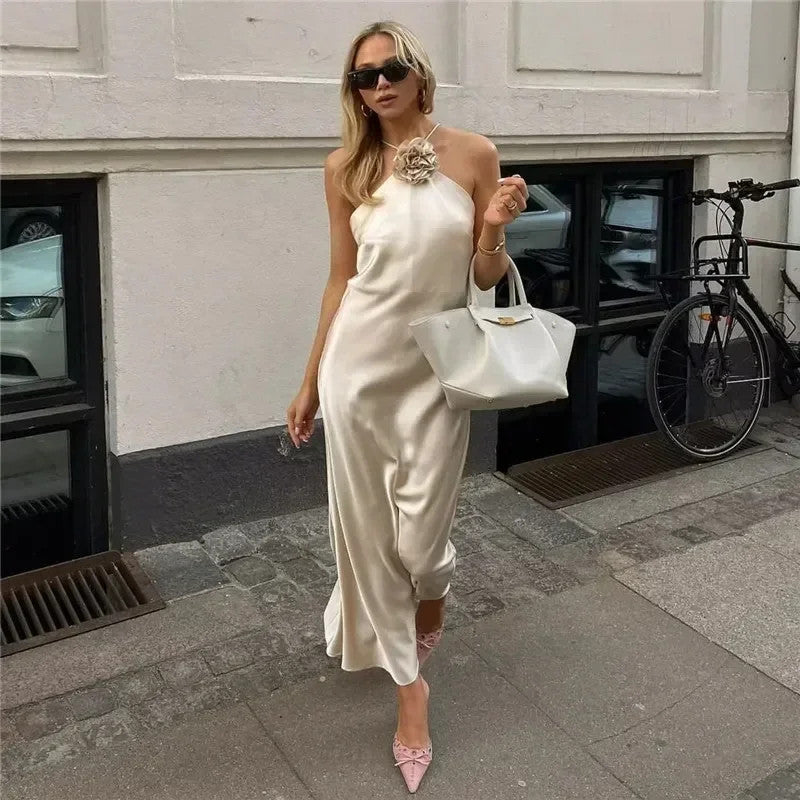 MUJER Flower Halter Backless Off Shoulder Satin Long Dress