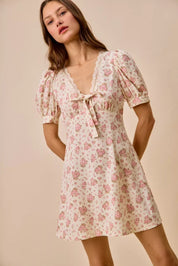 SO ME Floral Lace Trimed Short Sleeves Mini Dress