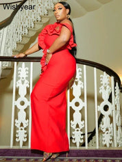 Sleeveless Off Shoulder Ruffles Split Red Midi Bodycon Dress