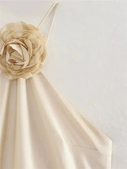 MUJER Flower Halter Backless Off Shoulder Satin Long Dress