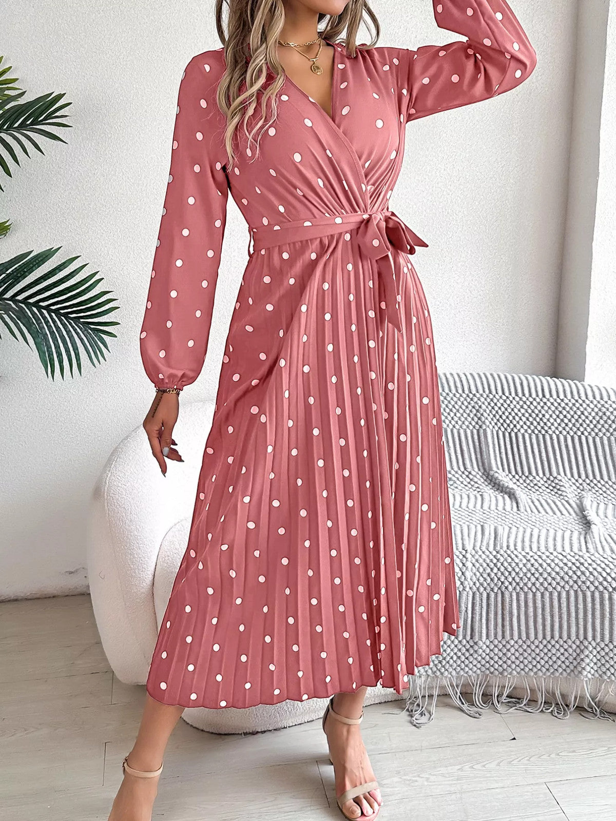 Front Tie Polka Dot Midi Pleated Dress