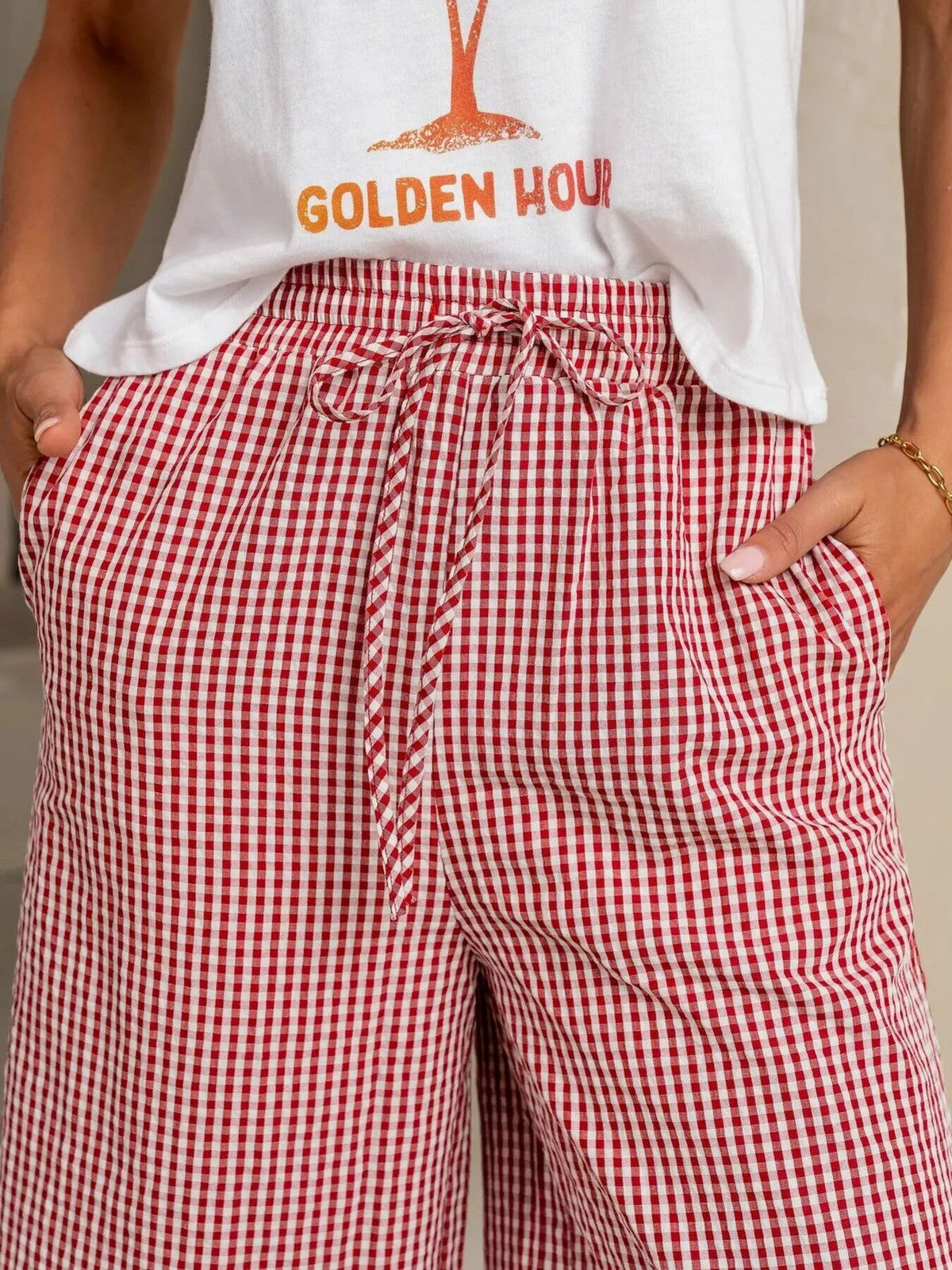 Gingham Print Wide Leg Casual Pants