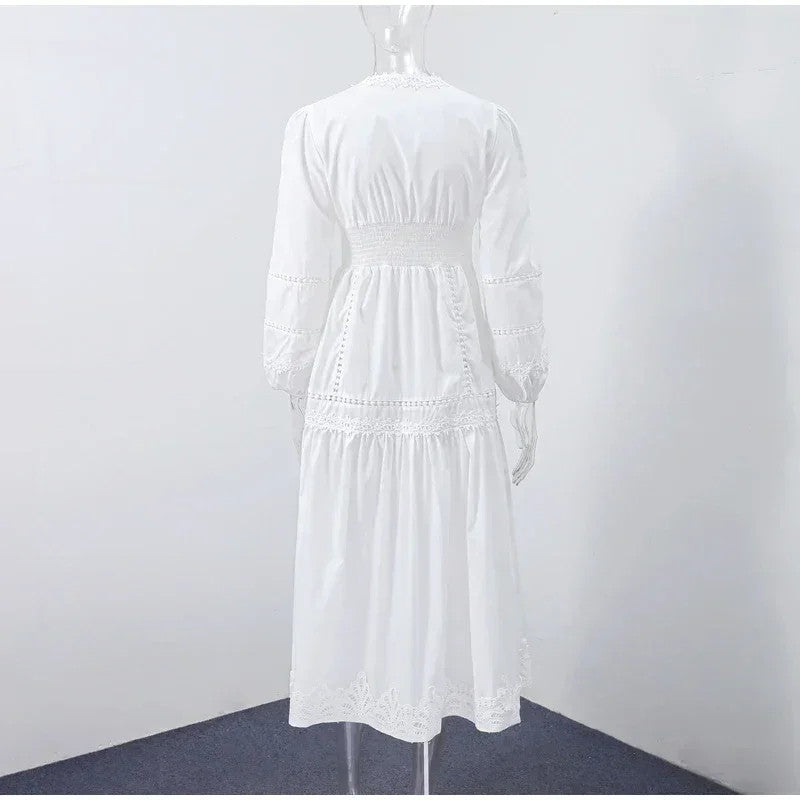 Lace Patchwork Hollow Out Long Lantern Sleeve Dress