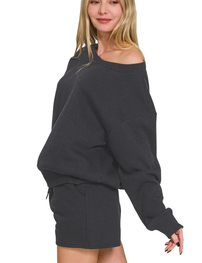 Zenana Fleece Boat Neck Sweatshirt and Shorts Set