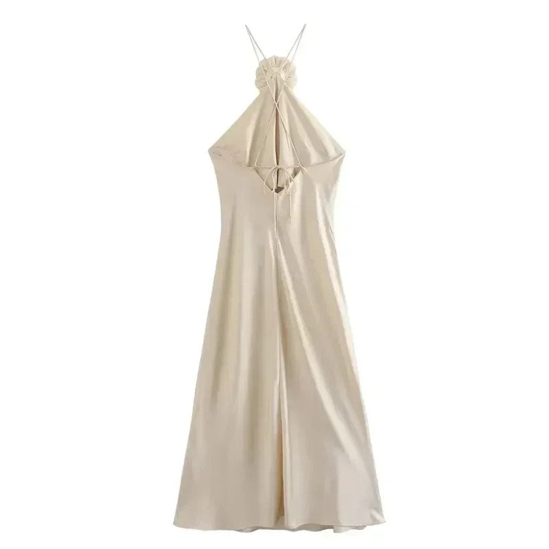 MUJER Flower Halter Backless Off Shoulder Satin Long Dress