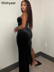 Wishyear Elegant Sparkly Bodycon Long Dress with Trail