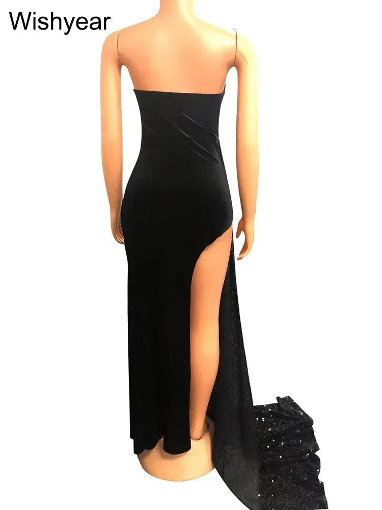 Wishyear Elegant Sparkly Bodycon Long Dress with Trail