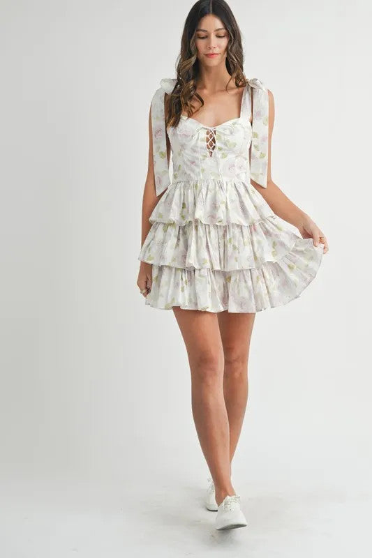 MABLE Floral Print Shoulder Tie Layered Mini Dress