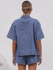 Collared Neck Button Up Top and Shorts Denim Set