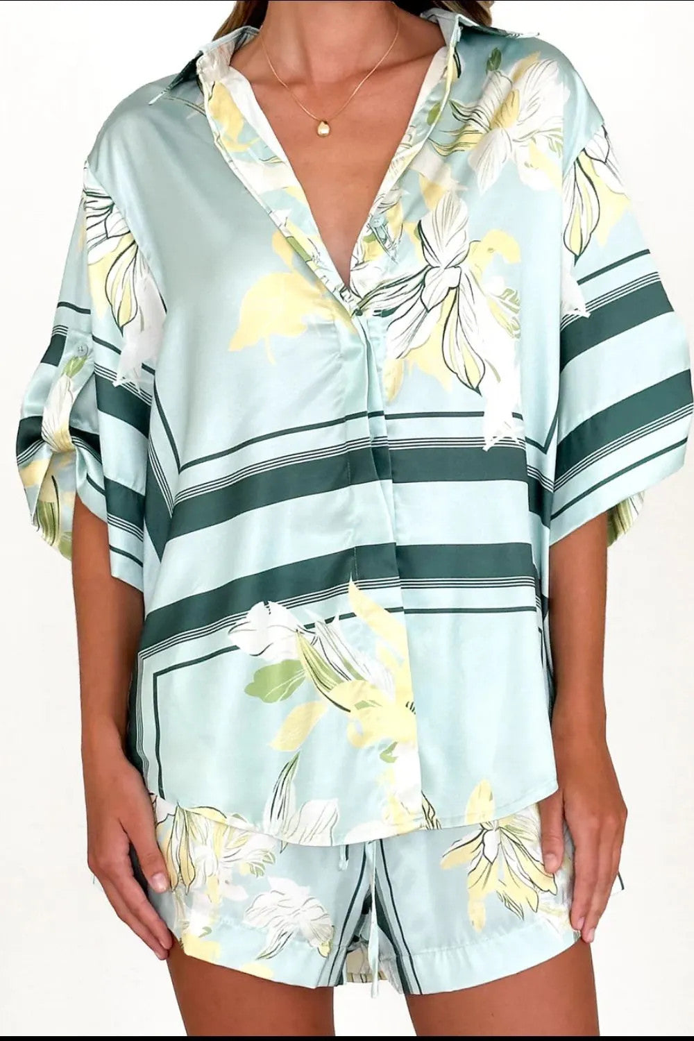 Printed Collared Neck Top and Shorts Set