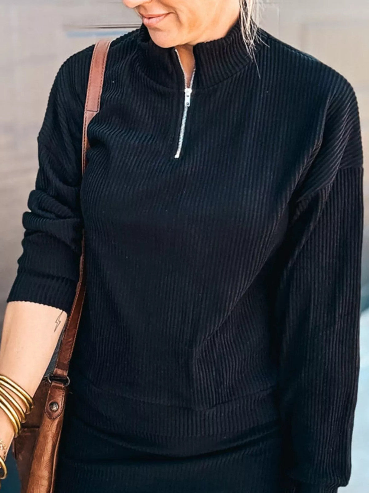 Ribbed Knit Quarter-Zip Top and Skirt Set