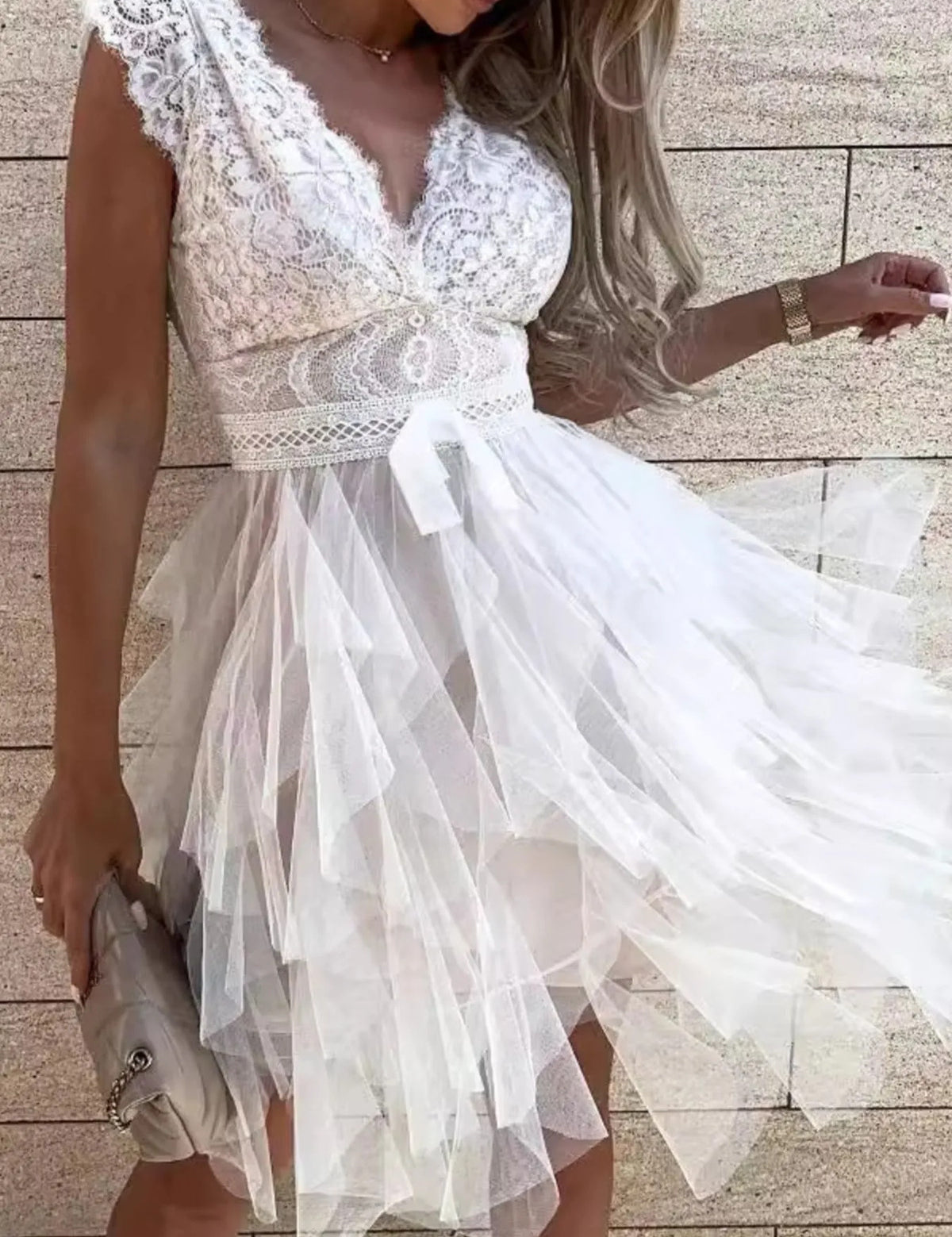 Lace V-Neck Ruffle Dress