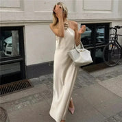 MUJER Flower Halter Backless Off Shoulder Satin Long Dress
