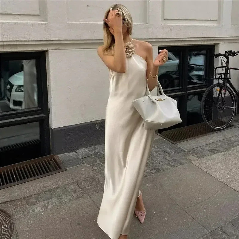 MUJER Flower Halter Backless Off Shoulder Satin Long Dress
