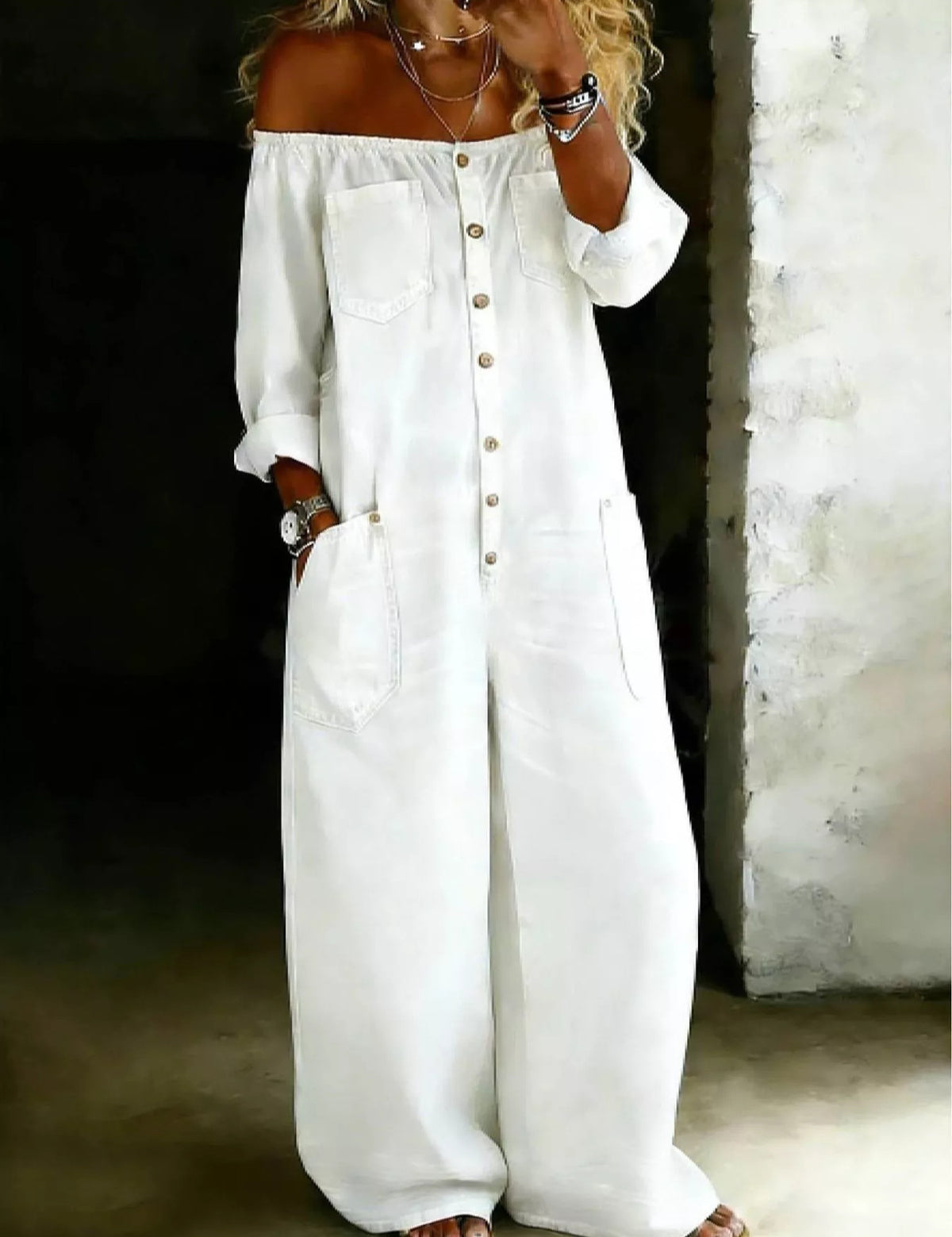 Full Size Off-Shoulder Button-Down Wide-Leg Jumpsuit Plus Size