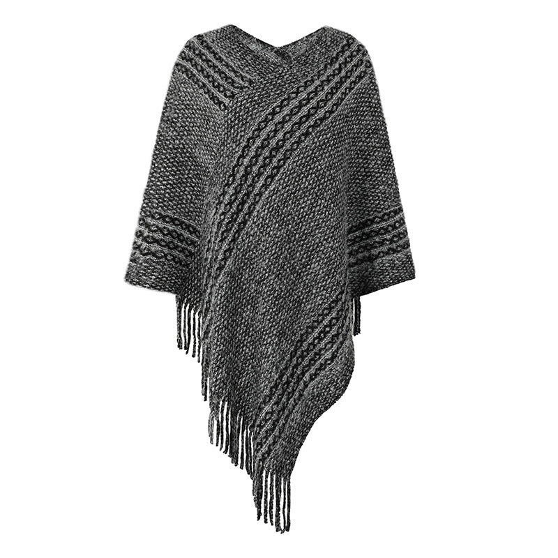Striped Cape Fringed Shawl  S