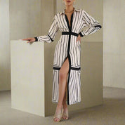 Long Fashion White High Waist Stand Collar Striped Dress