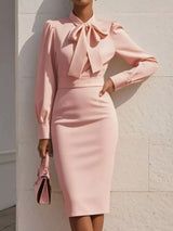 Bow Tie Neck Long Sleeve Bodycon Dress