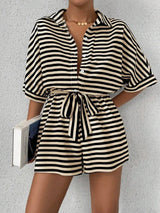 Tie Waist Half Button Striped Romper