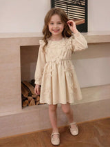 Children's Long-Sleeve Dress with 3D Floral Appliques and Pearl Accents